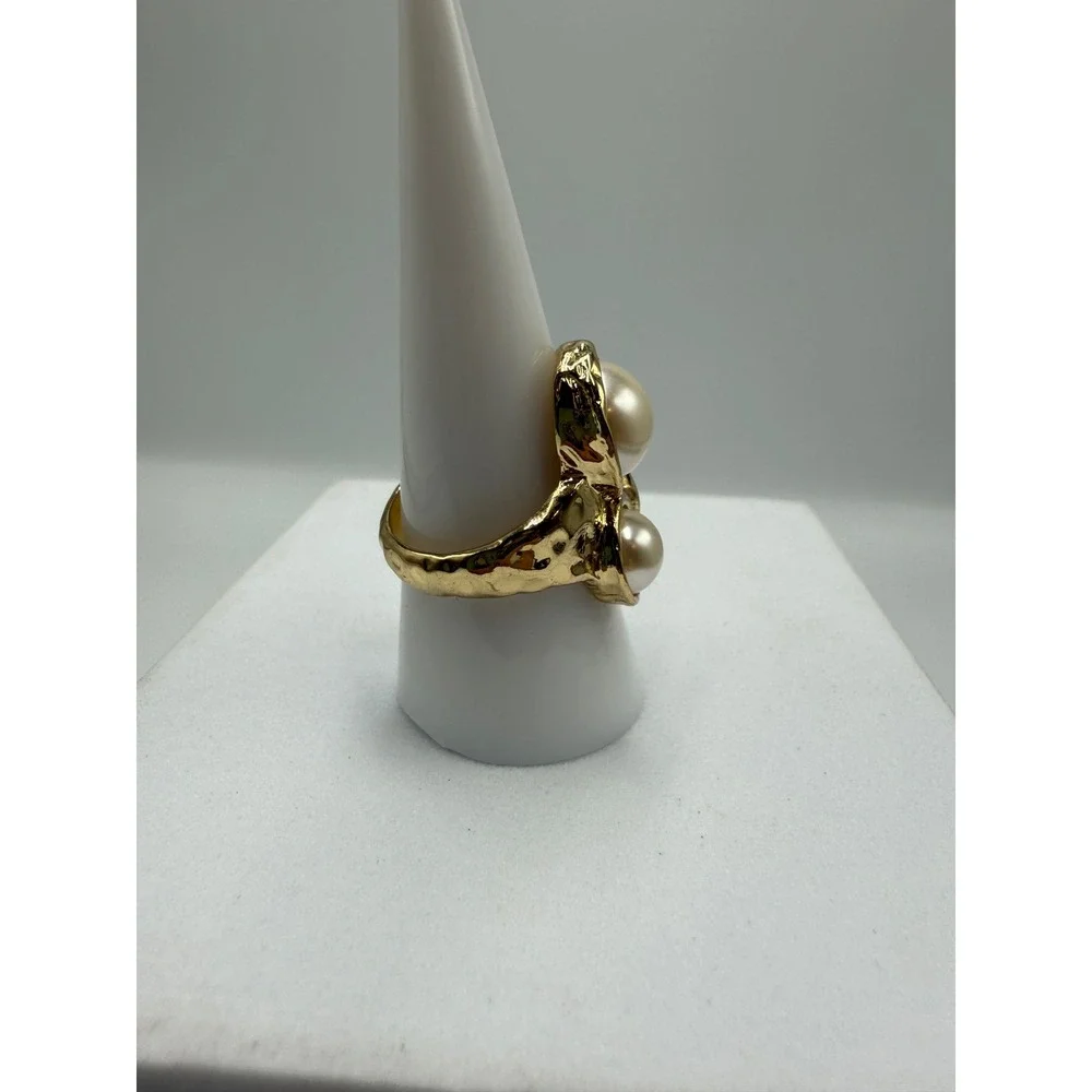 Gold Tone Hammered Faux Pearl Cluster Statement Cocktail Ring Size 8.5